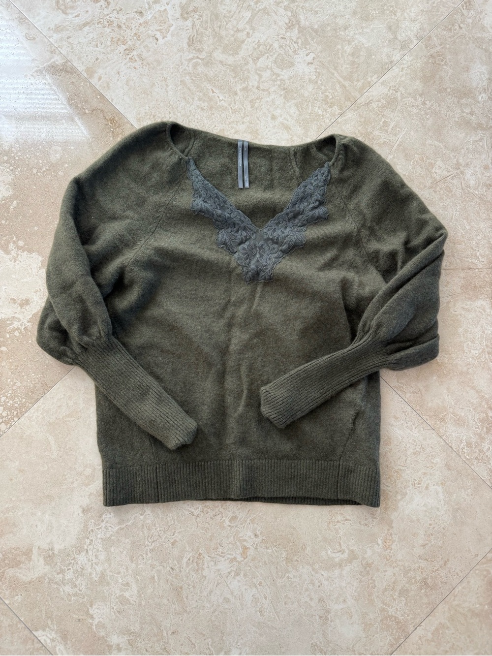 Anthropologie Olive Green Lace-Trim V-Neck Sweater